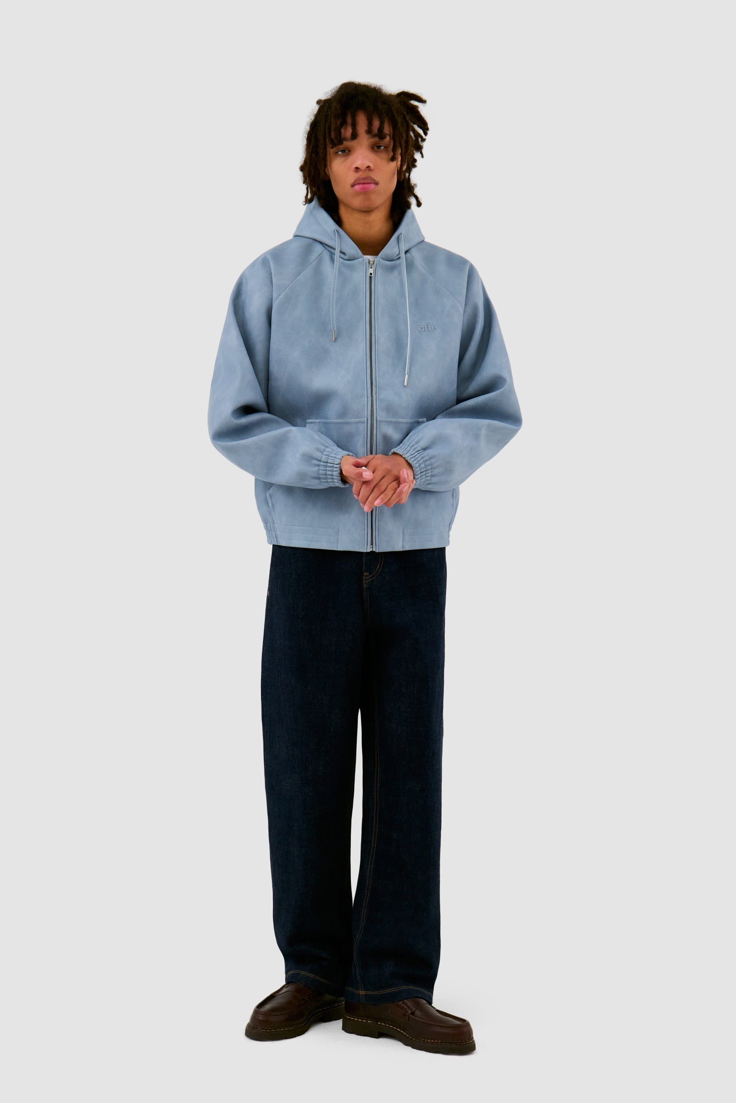Veste à capuche en cuir - Bleu